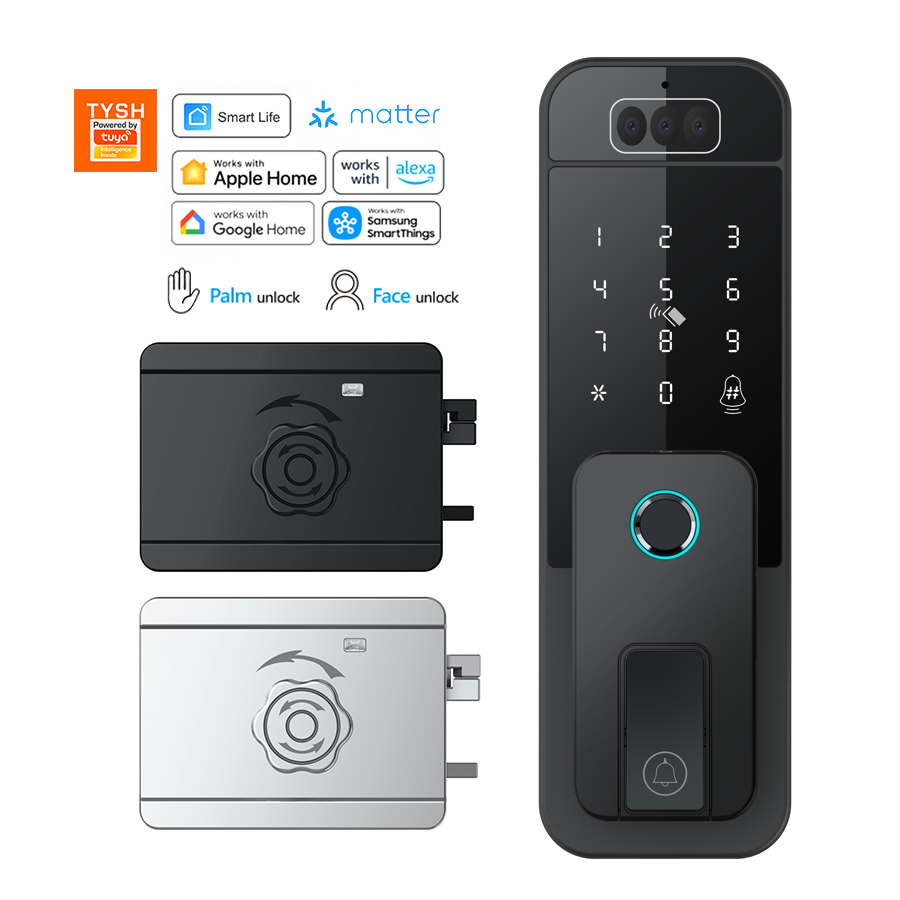 Smart Door Lock Wifi - TYSH Matter Tuya สมาร์ทล็อคประตูพร้อมกล้องปลดล็อคด้วยใบหน้า ระบบไบโอเมตริกซ์ฝ่ามือ สำหรับประตูรั้ว